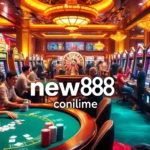 Experience the excitement of new88 online at a vibrant casino, featuring lively gaming tables and joyous players.