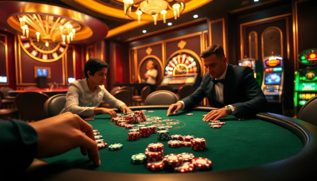 Experience high-stakes poker at tr88 with vibrant chips and intense players in a luxurious casino setting.